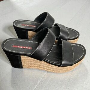 Prada Vintage Black Leather Espadrille Platform Sandals Wedge Slides 38